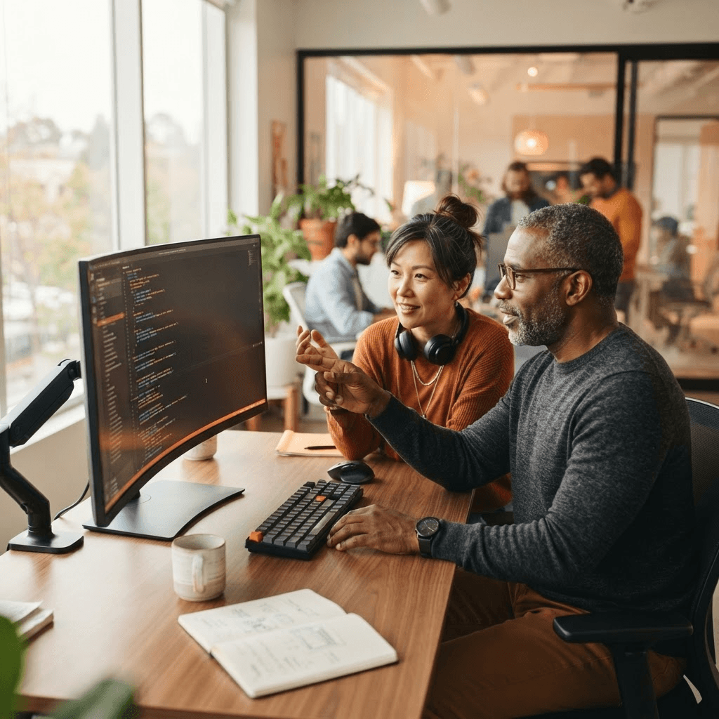 Senior Canviz engineers collaborating on code at a modern workstation